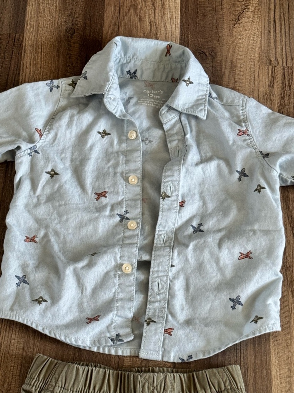 Carter’s Airplane Button-Up Shirt & Olive Pants Set - Picture 2 of 3